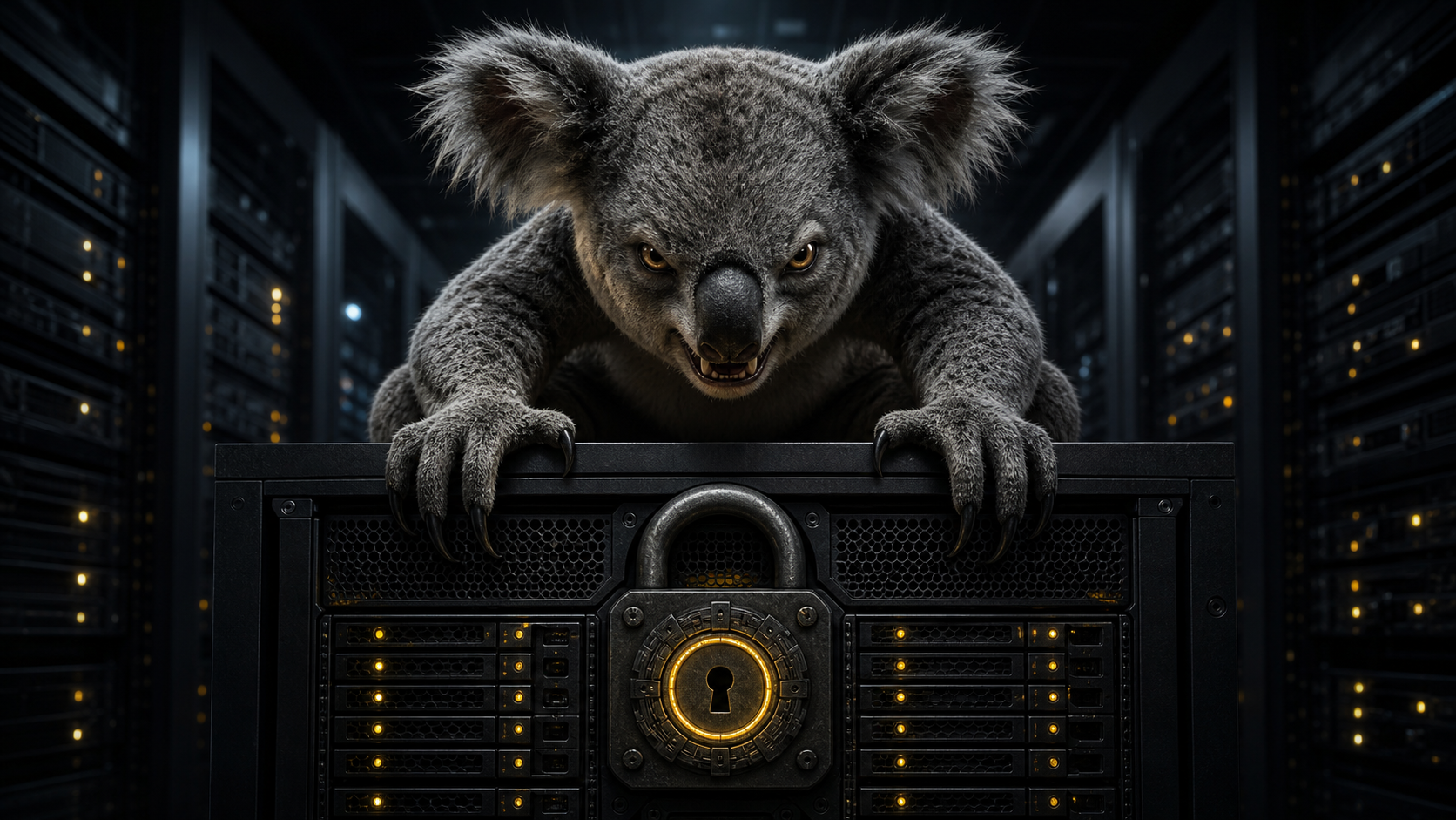 An evil-looking drop bear guarding a locked server rack in a dark data centre