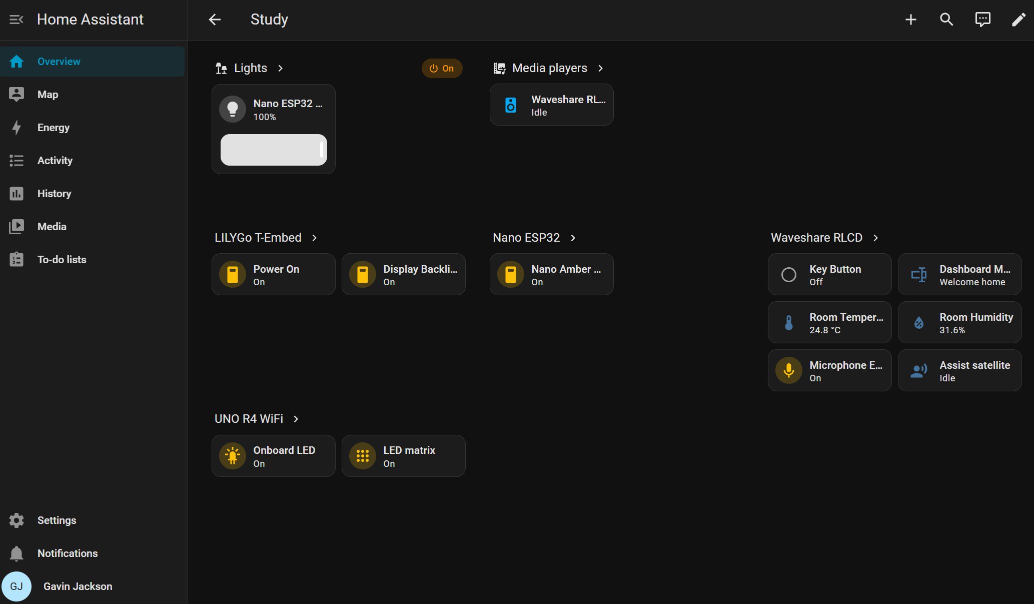 Home Assistant Study dashboard showing the UNO R4 WiFi onboard LED and LED matrix switched on alongside the LILYGO T-Embed, Nano ESP32 and Waveshare RLCD