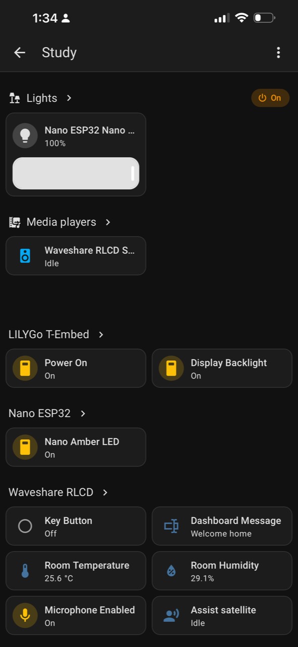 Home Assistant Study dashboard showing controls and sensor readings for the LILYGO T-Embed, Nano ESP32 and Waveshare RLCD