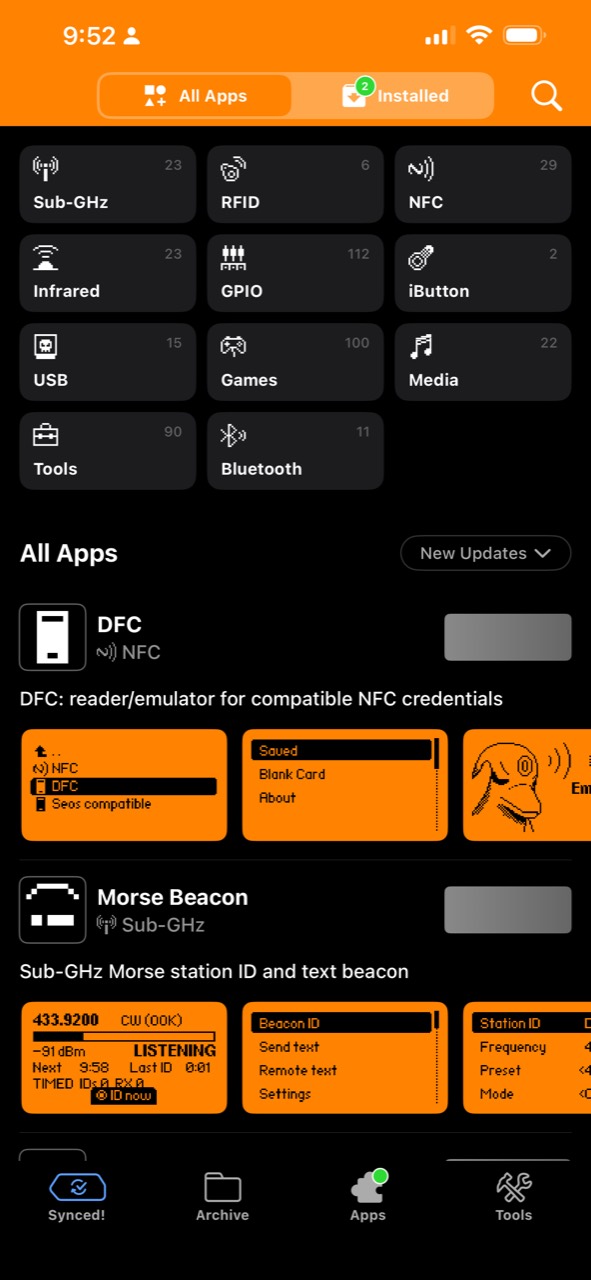 Flipper iOS app showing the Apps tab with categories for Sub-GHz, RFID, NFC, USB and other tools