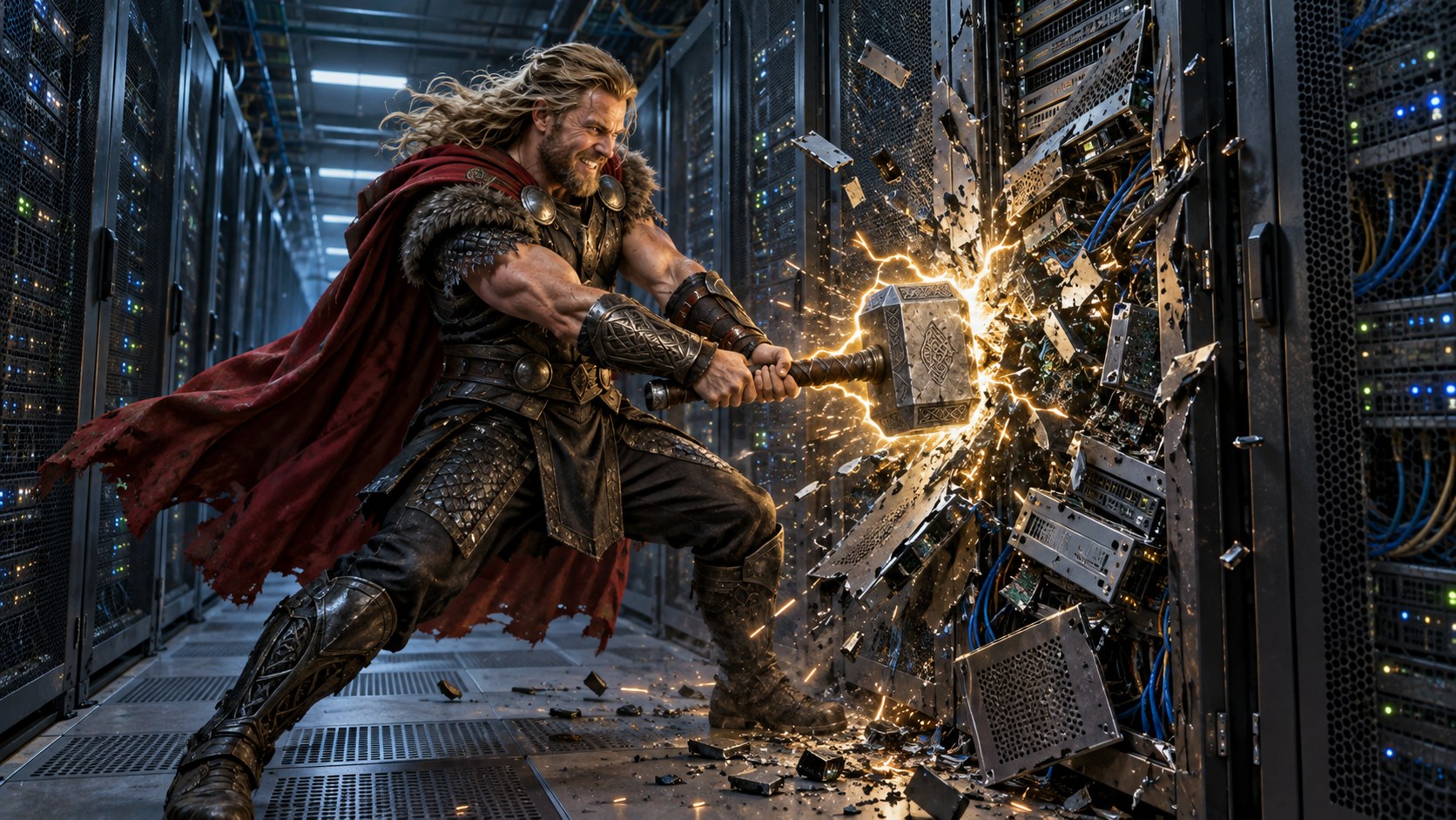 Thor drives a lightning-charged hammer through an ageing rack of servers